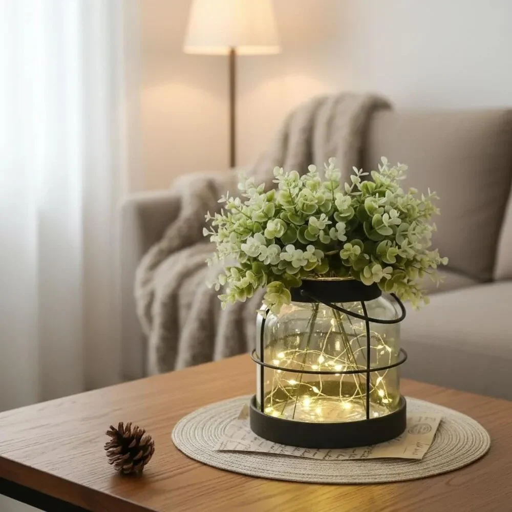 Handmade Rustic Lantern Planter With Artificial Flowers & LED Vintage Glass Vase